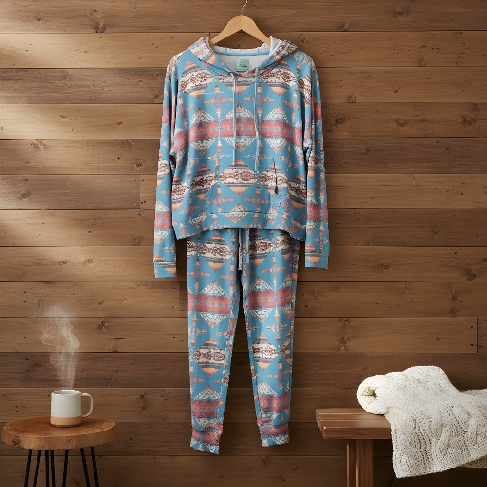 Range By Rock & Roll Denim Aztec Print Lounge Pajama Set Sz‎ XL Top & LG Bottom